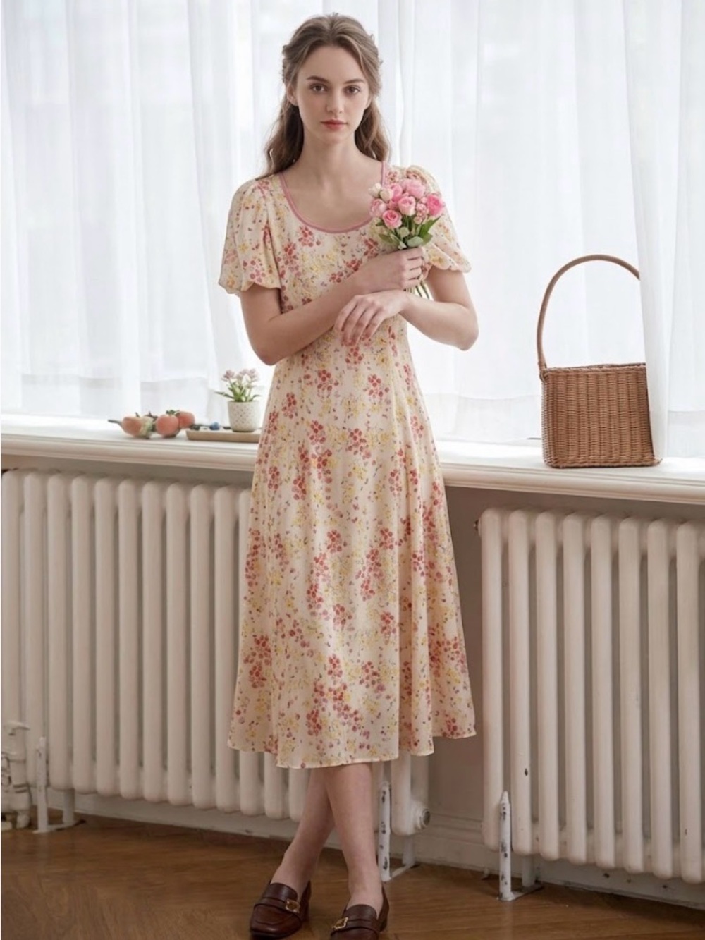 Fatima Round Neck Bubble Sleeve Floral Dress